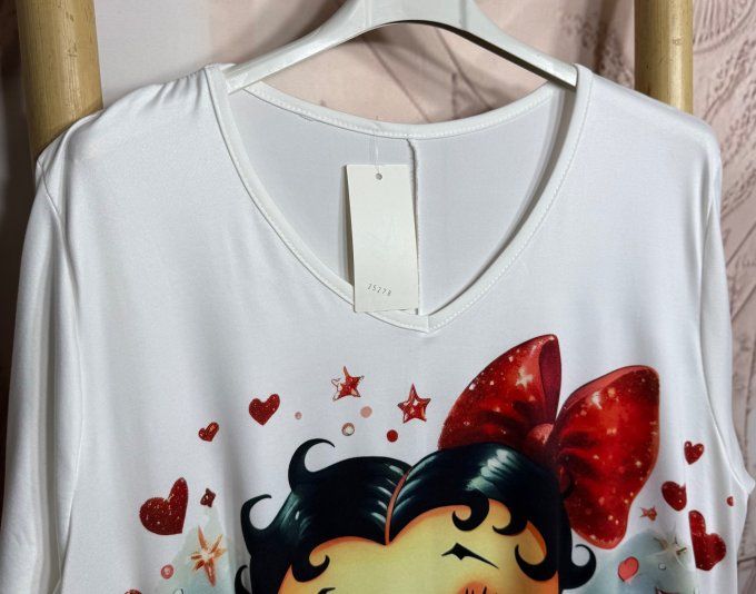 Top trapèze blanc manches longues Betty Boop Pinup rétro chic du 42 au 56/58 