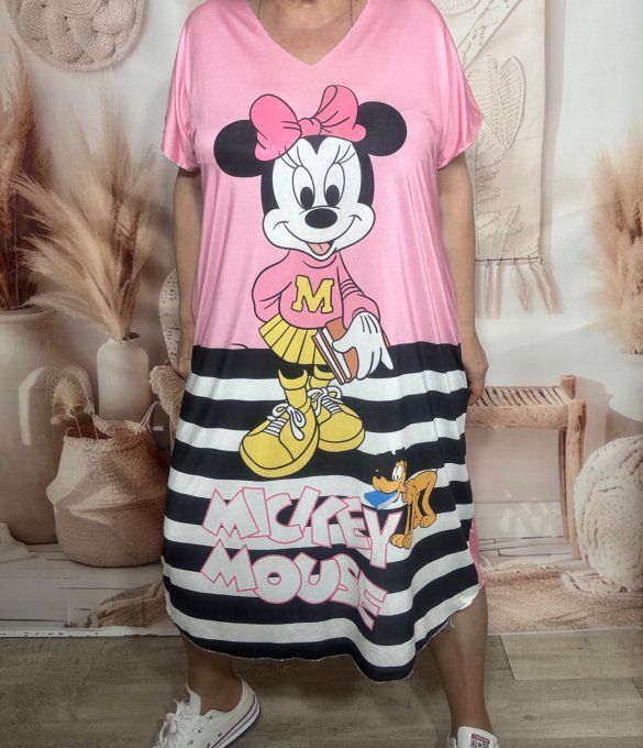 Robe mi-longue ample lycra rose rayée noire & blanc Minnie Mouse du 42 au 52/54