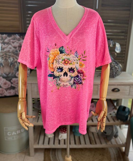 Top ample rose fluo Mexican Skulls Calavera perles nacrées du 38 au 46/48