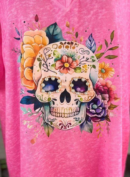 Top ample rose fluo Mexican Skulls Calavera perles nacrées du 38 au 46/48