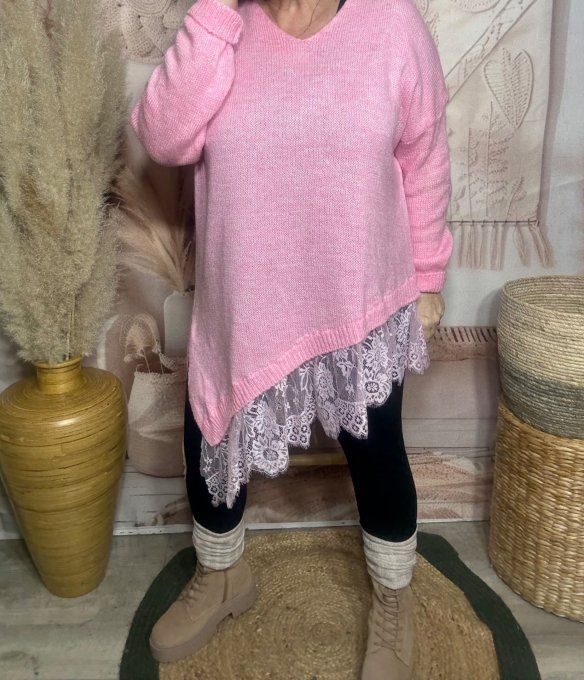 pull asymétrique long rose bonbon col V et dentelle assortie douceur +++ du 40 au 54/56 