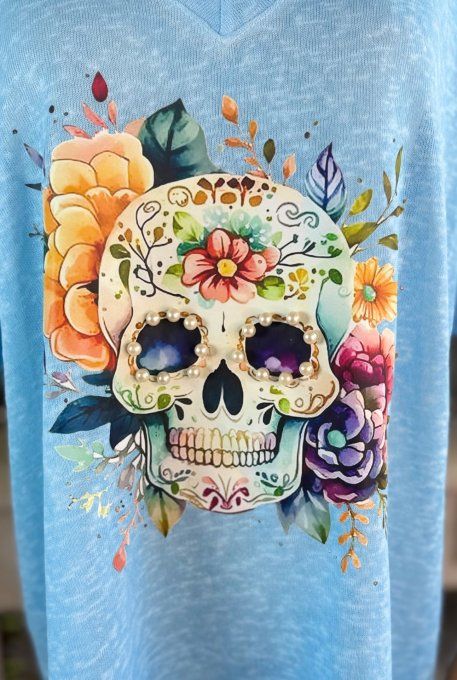 Top ample bleu clair Mexican Skulls Calavera perles nacrées du 38 au 46/48
