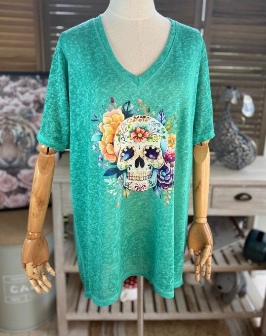 Top ample vert émeraude Mexican Skulls Calavera perles nacrées du 38 au 46/48