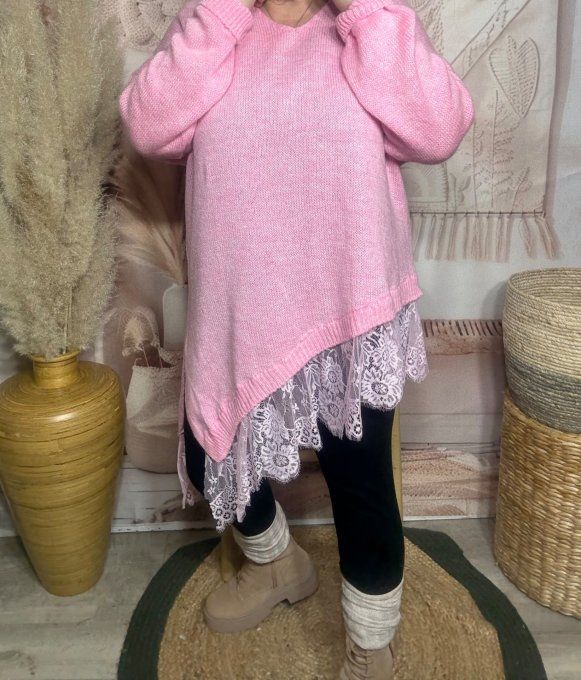 pull asymétrique long rose bonbon col V et dentelle assortie douceur +++ du 40 au 54/56 