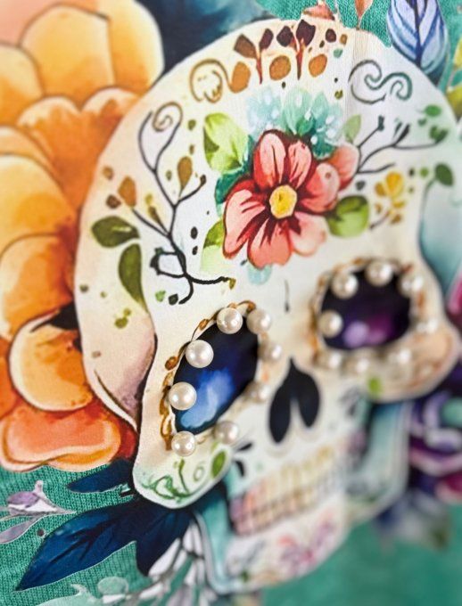 Top ample vert émeraude Mexican Skulls Calavera perles nacrées du 38 au 46/48