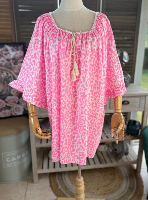 Blouse trapèze manches pagodes oversize animal rose fluo du 40 au 52  