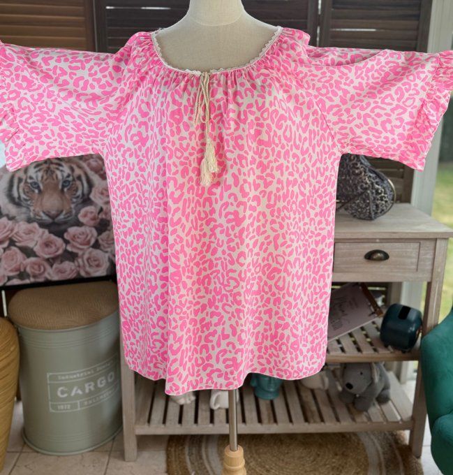 Blouse trapèze manches pagodes oversize animal rose fluo du 40 au 52  