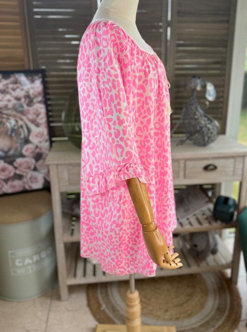 Blouse trapèze manches pagodes oversize animal rose fluo du 40 au 52  
