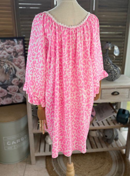 Blouse trapèze manches pagodes oversize animal rose fluo du 40 au 52  