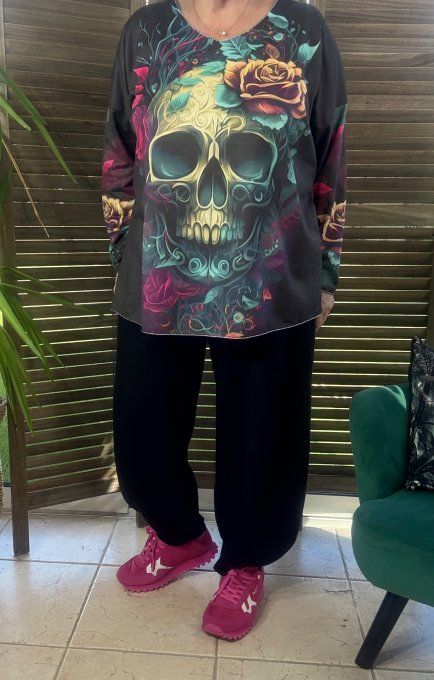 Top suédine noire Mexican Skulls Calavera douceur +++ du 38 au 48