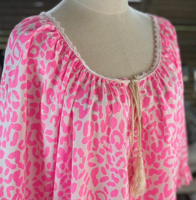 Blouse trapèze manches pagodes oversize animal rose fluo du 40 au 52  