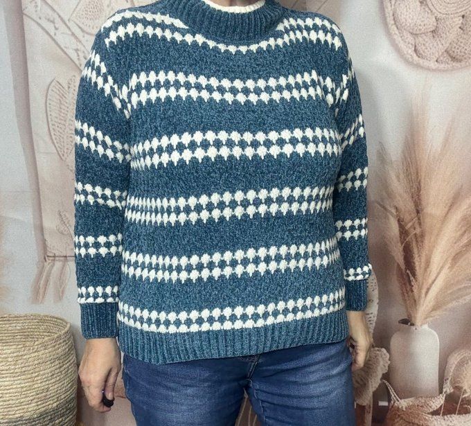 pull maille chenille bleu pétrole losanges blancs col montant douceur +++ du 34 au 44/46