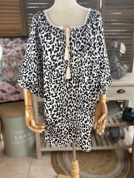 Blouse trapèze manches pagodes oversize animal noir du 40 au 52  