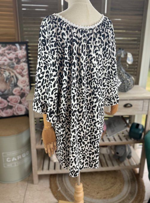 Blouse trapèze manches pagodes oversize animal noir du 40 au 52  