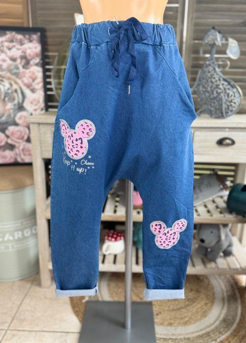 pantalon sarouel en jeans stone Patchs Mickey rose fluo confort +++ du 36 au 44 