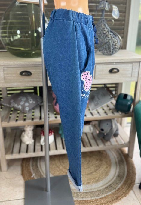 pantalon sarouel en jeans stone Patchs Mickey rose fluo confort +++ du 36 au 44 