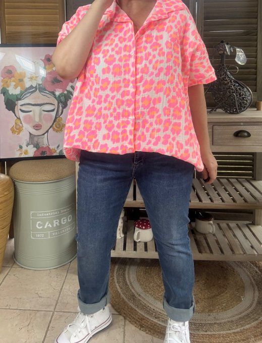 Chemise ample gaze de coton Léopard rose & orange Fluo du 38 au 48 et même + si portée ouverte