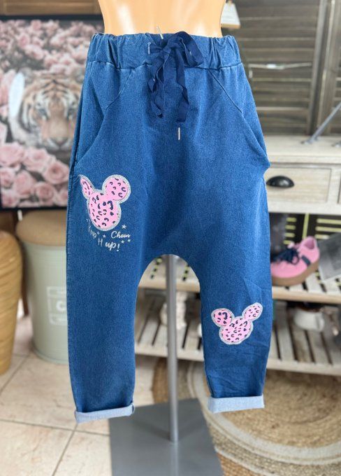 pantalon sarouel en jeans stone Patchs Mickey rose fluo confort +++ du 36 au 44 