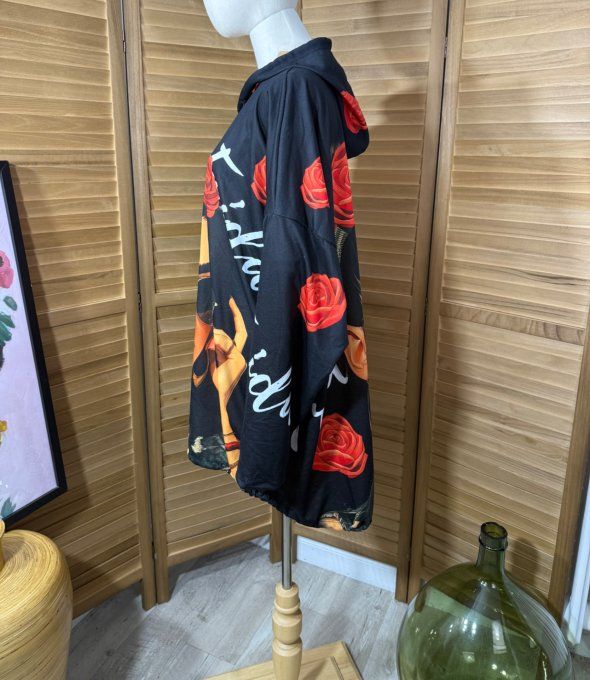 Sweat fin à capuche long noir Frida Kahlo du 40 au 52/54