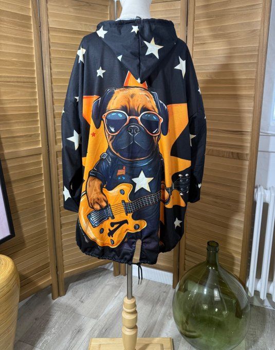 Sweat fin à capuche long noir Chien Carlin Rock Star du 40 au 52/54