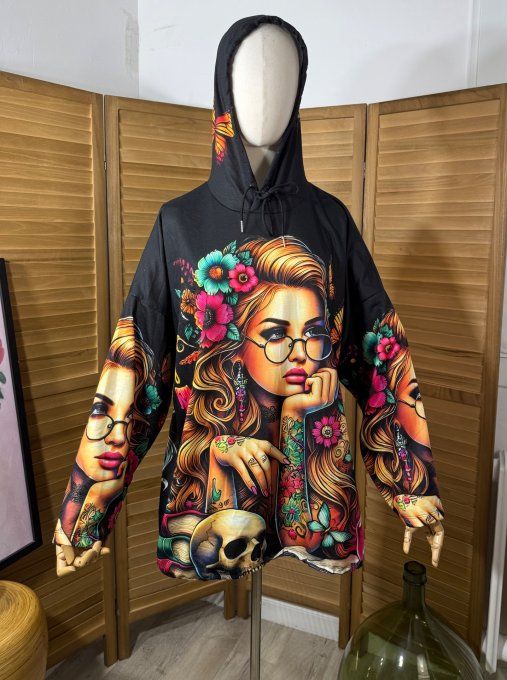 Sweat fin à capuche long noir Flowers Rainbow Tattoo Girl du 40 au 52/54 