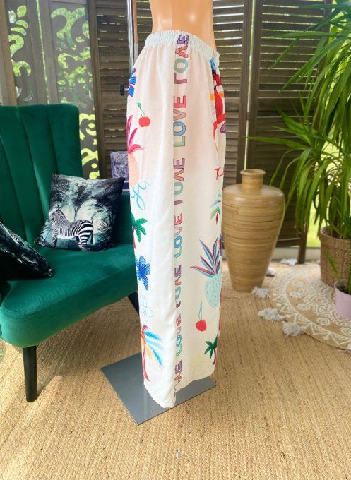 Pantalon Palazzo blanc Tropical Love Toucan fleurs exotiques du 42 au 50/52