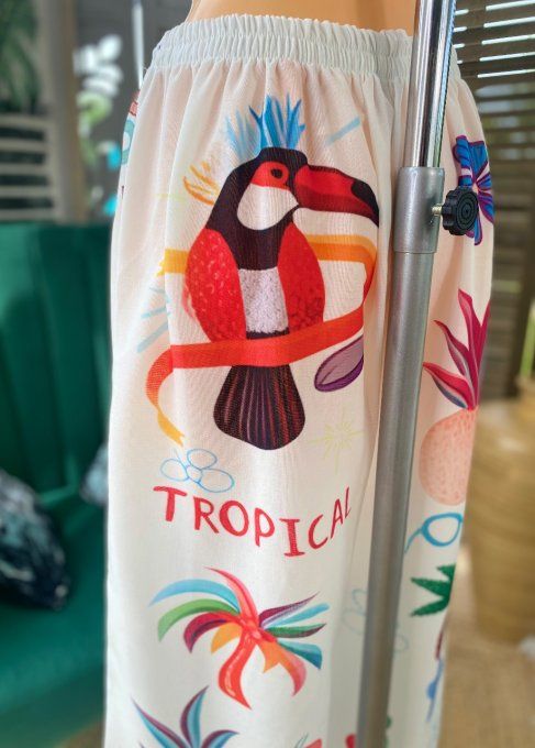 Pantalon Palazzo blanc Tropical Love Toucan fleurs exotiques du 42 au 50/52