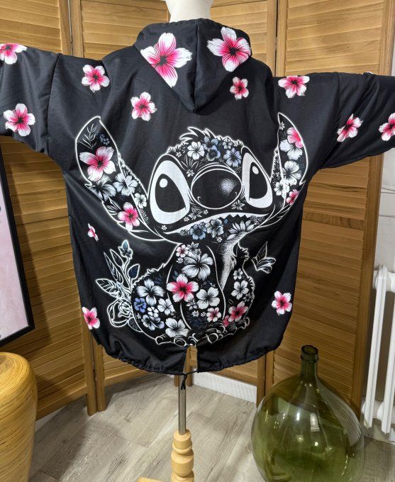 Sweat fin à capuche long noir Stitch en Fleurs du 40 au 52/54 