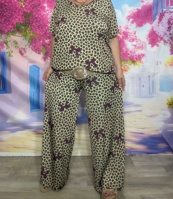 Ensemble Lycra tunique + pantalon palazzo cuisses larges Léopard et noeuds bordeaux du 40 au 54
