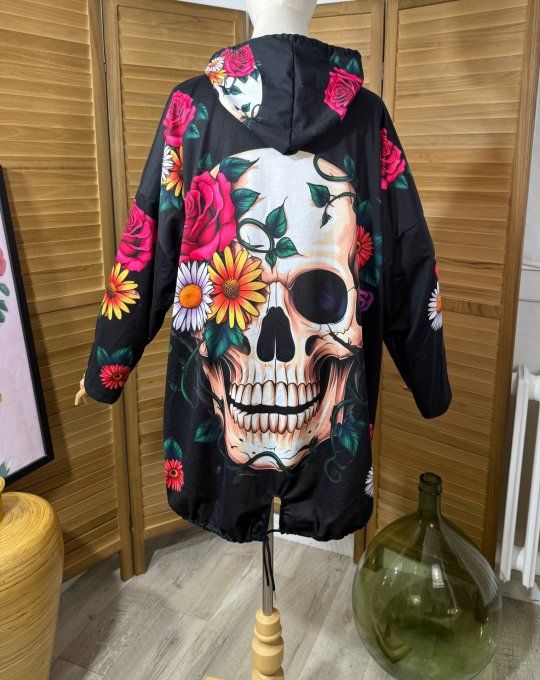 Sweat fin à capuche long noir Mexican Skulls Calavera & Flowers du 40 au 52/54