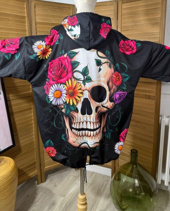 Sweat fin à capuche long noir Mexican Skulls Calavera & Flowers du 40 au 52/54