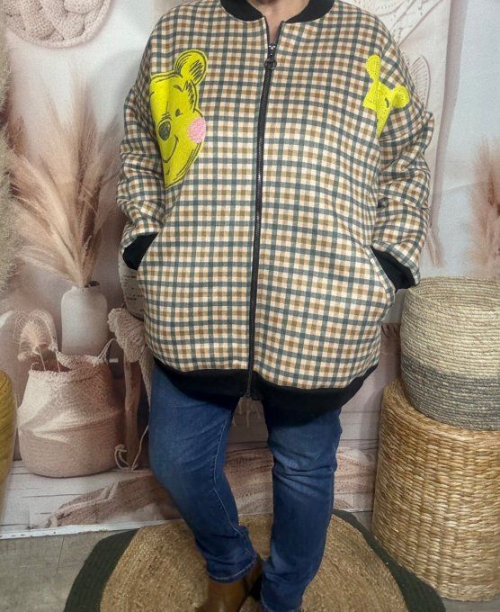 Blouson Teddy carreaux Tartan tout doublé sherpa Winnie l'Ourson  du 38 au 50 et même +