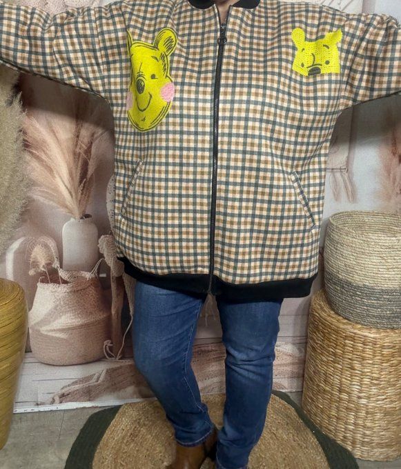 Blouson Teddy carreaux Tartan tout doublé sherpa Winnie l'Ourson  du 38 au 50 et même +
