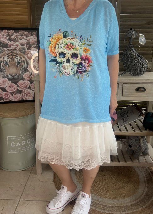 Top ample bleu clair Mexican Skulls Calavera perles nacrées du 38 au 46/48