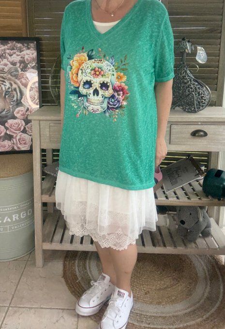 Top ample vert émeraude Mexican Skulls Calavera perles nacrées du 38 au 46/48