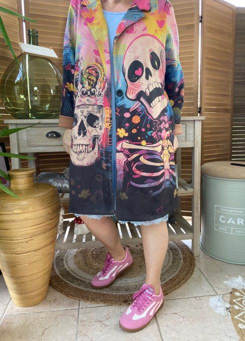 Veste longue suédine multicolore Mexican Skulls Rainbow du 36 au 46 et même + 