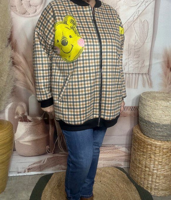 Blouson Teddy carreaux Tartan tout doublé sherpa Winnie l'Ourson  du 38 au 50 et même +