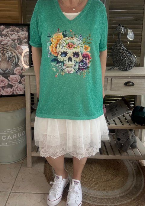 Top ample vert émeraude Mexican Skulls Calavera perles nacrées du 38 au 46/48