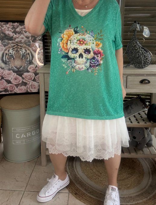 Top ample vert émeraude Mexican Skulls Calavera perles nacrées du 38 au 46/48