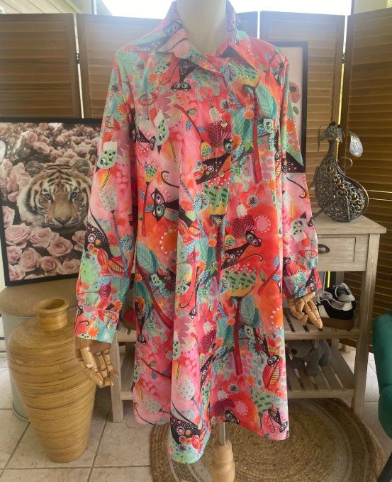 Chemise longue trapèze Les Chats en fleurs du 38 au 46 (et même + si portée ouverte)
