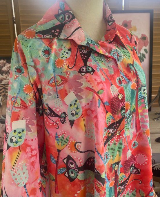Chemise longue trapèze Les Chats en fleurs du 38 au 46 (et même + si portée ouverte)