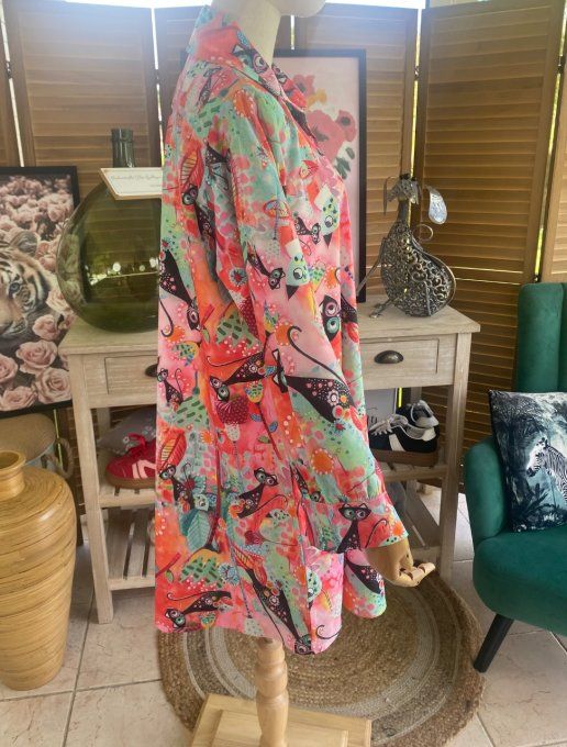 Chemise longue trapèze Les Chats en fleurs du 38 au 46 (et même + si portée ouverte)