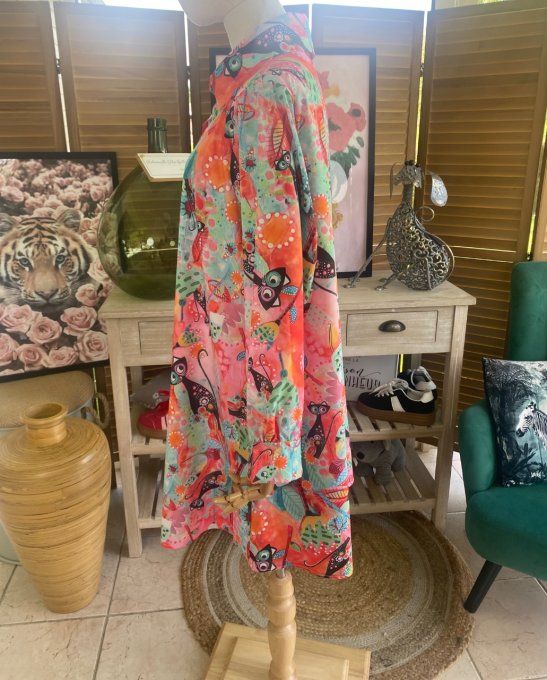 Chemise longue trapèze Les Chats en fleurs du 38 au 46 (et même + si portée ouverte)