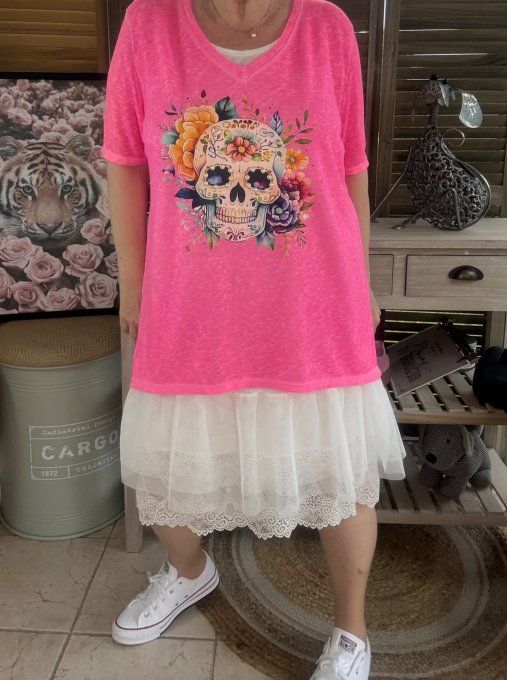 Top ample rose fluo Mexican Skulls Calavera perles nacrées du 38 au 46/48