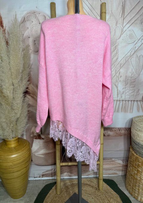 pull asymétrique long rose bonbon col V et dentelle assortie douceur +++ du 40 au 54/56 