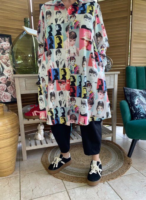 Chemise longue trapèze Portraits d'Audrey Hepburn du 38 au 46 (et même + si portée ouverte) 