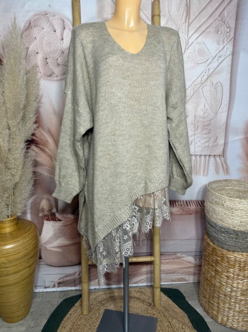 pull asymétrique long beige chiné col V et dentelle assortie douceur +++ du 40 au 54/56 