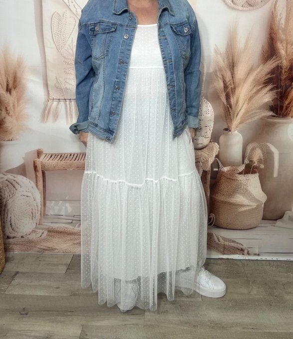 Robe longue tulle écru et plumetis  fines bretelles réglables du 38 au 48