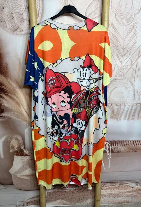 Robe mi-longue ample lycra orangée Betty Boop US Firewoman du 42 au 54 