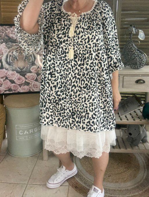 Blouse trapèze manches pagodes oversize animal noir du 40 au 52  